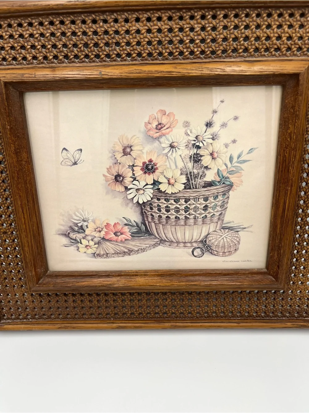 Vtg HOMCO CLAUDESSA CARTER PRINTS BUTTERFLY & FLOWERS FRAMED Wicker Wood Look